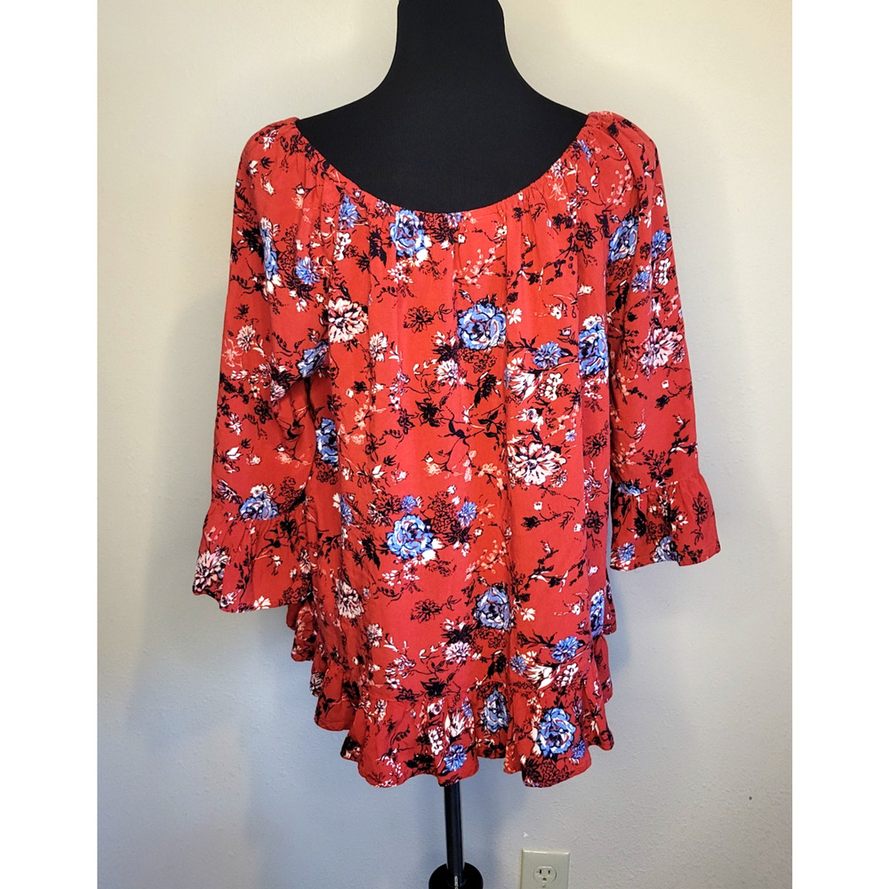 Faded Glory Women’s Red Rayon Stretch Ruffle 3/4 Sleeve Blouse Top Size XXL